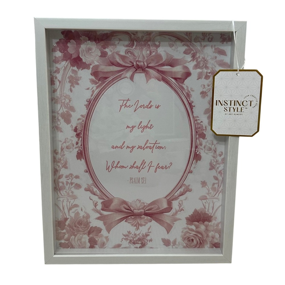Instinct Style Psalm 27:1 Framed Art Pink Floral Toile Glitter 11.5x14.5 NEW